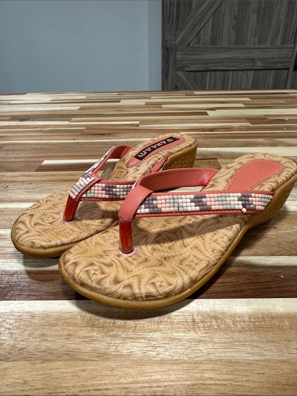 Coral Beaded Wedge Flip Sandals for Kids 478